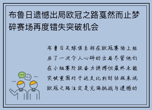 布鲁日遗憾出局欧冠之路戛然而止梦碎赛场再度错失突破机会