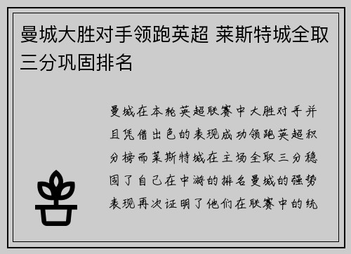 曼城大胜对手领跑英超 莱斯特城全取三分巩固排名