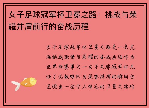 女子足球冠军杯卫冕之路：挑战与荣耀并肩前行的奋战历程