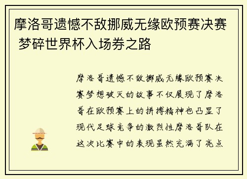 摩洛哥遗憾不敌挪威无缘欧预赛决赛 梦碎世界杯入场券之路