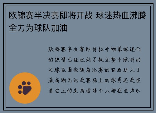 欧锦赛半决赛即将开战 球迷热血沸腾全力为球队加油