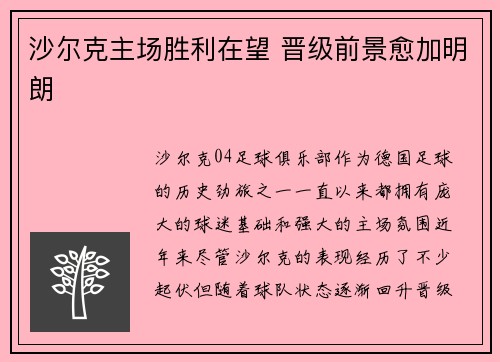 沙尔克主场胜利在望 晋级前景愈加明朗
