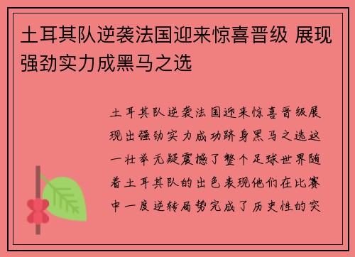 土耳其队逆袭法国迎来惊喜晋级 展现强劲实力成黑马之选