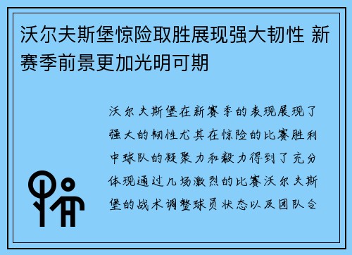 沃尔夫斯堡惊险取胜展现强大韧性 新赛季前景更加光明可期